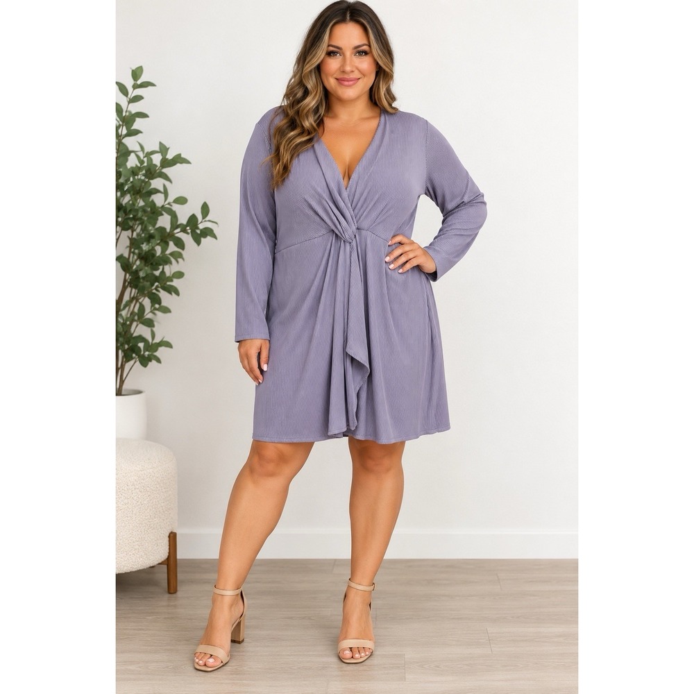 PrettyLittleThing Dress 18 Purple Ribbed V Neck Knot Front Long Sleeve NWT